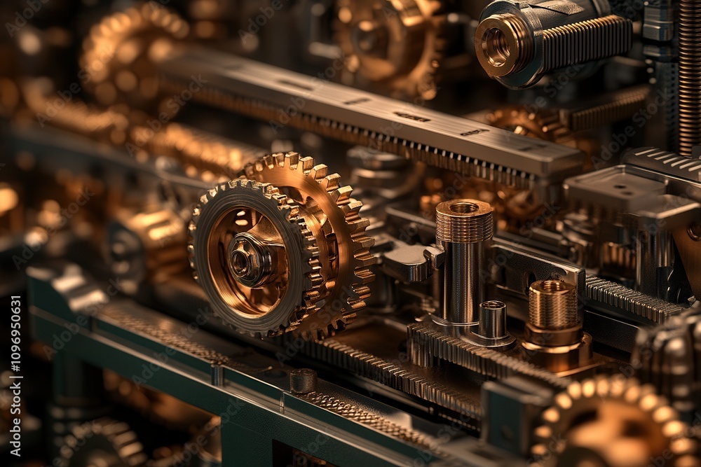 Poster a close-up of intricate metallic gears and machinery showcasing a blend of bronze and silver element