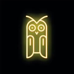 Neon yellow icon of an owl glowing on black background