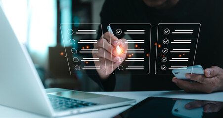 An illustration of a businessman filling out a digital form checklist on a laptop and tablet is used to symbolize a corporate performance checklist.