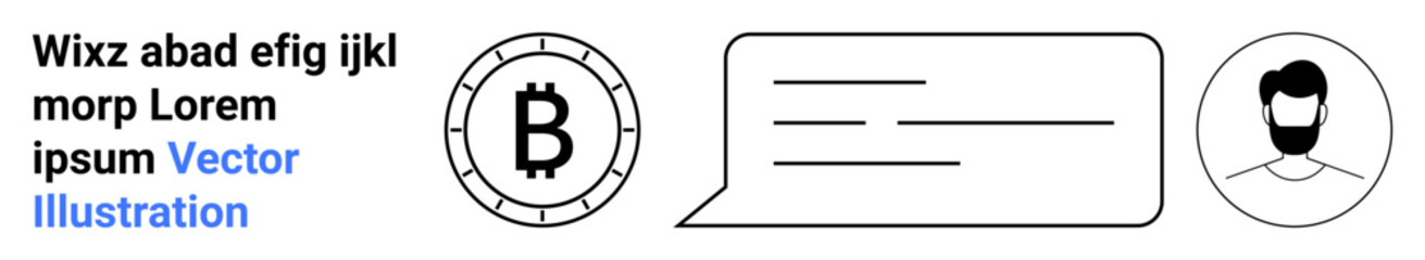 Bitcoin symbol in circle, chat bubble with lines, and avatar of bearded man in circle. Ideal for cryptocurrency discussions, financial advice, digital transactions, user interactions, online
