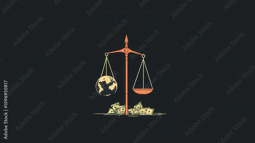 Poster a symbolic representation of justice, featuring a balance scale with the earth on one side and a bow
