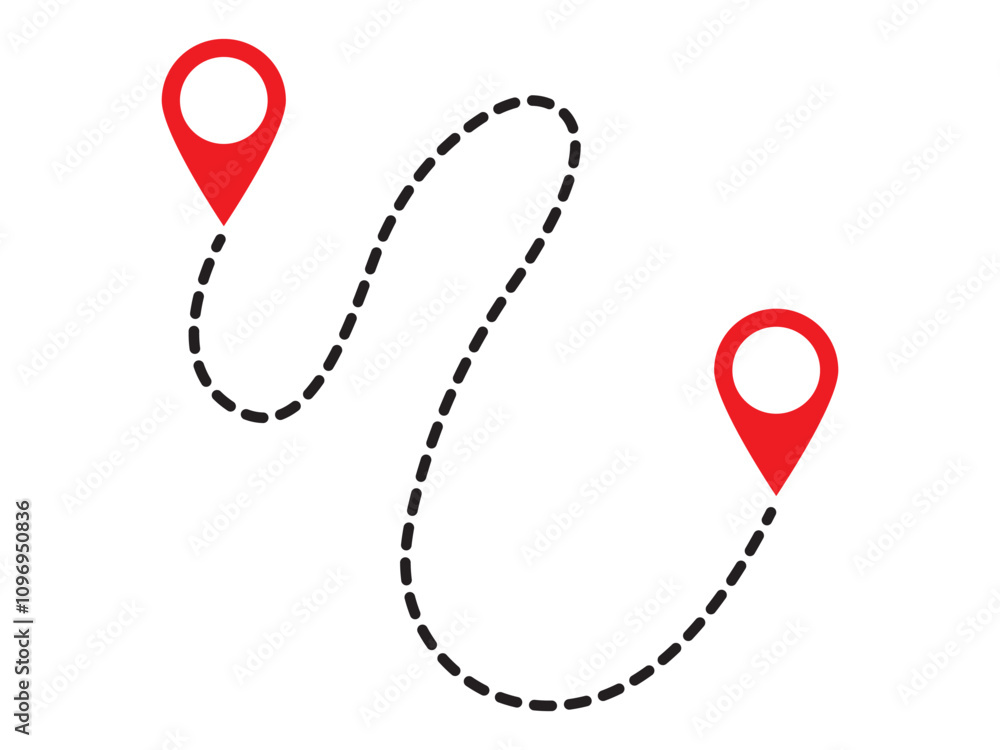 Fototapete route icon between two points with dotted path and location pin. location pointer continuous one lin