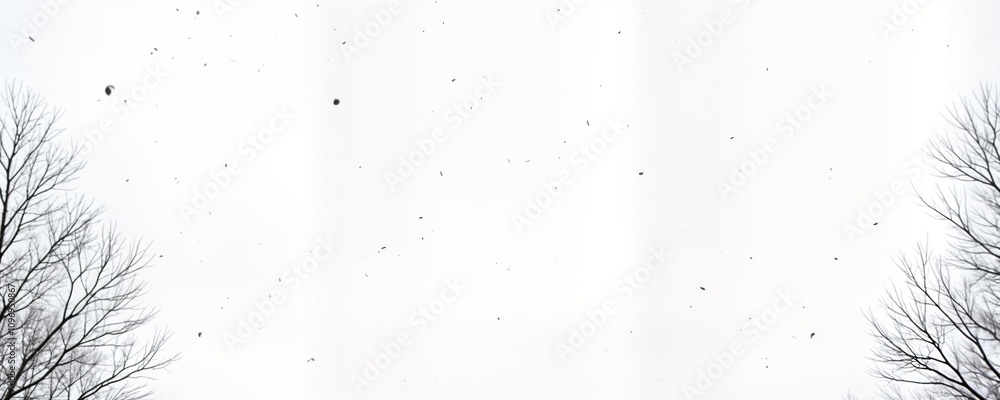 Aufkleber winter snowfall scene. bare tree branches frame falling snowflakes against a white sky. abstract win