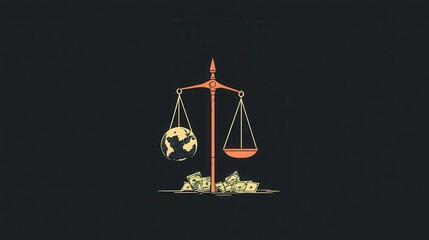 A symbolic representation of justice, featuring a balance scale with the Earth on one side and a bowl on the other, surrounded by cash.