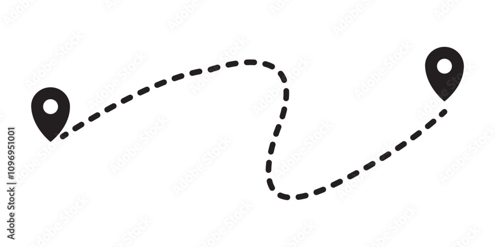 Fototapete route icon between two points with dotted path and location pin. gps navigation line route mark.loca