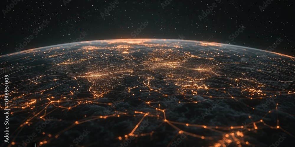 Poster a stunning view of earth at night, showcasing illuminated cities and intricate networks of light aga