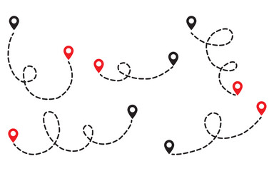set of Route location icon two pin sign and dotted line. map path distance icon, pinpoint, map search, route, Route icon, two points with dotted path and location pin.