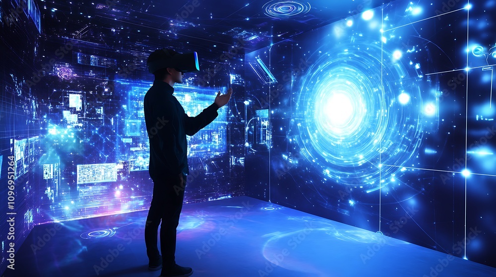 Poster a high-tech physics facility with augmented reality tools for exploring cosmic phenomena like neutro