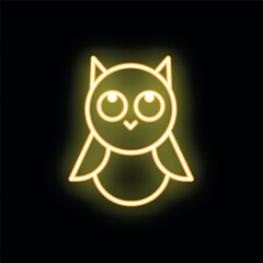 Yellow neon sign in the shape of a cute owl is glowing on a black background