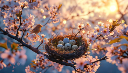 Easter Egg Nest and Blossoms Podium, product presentation podium mock up, spring blooming cherry blossoms, bird’s nest with speckled easter eggs, ad, podium platform, product presentation space