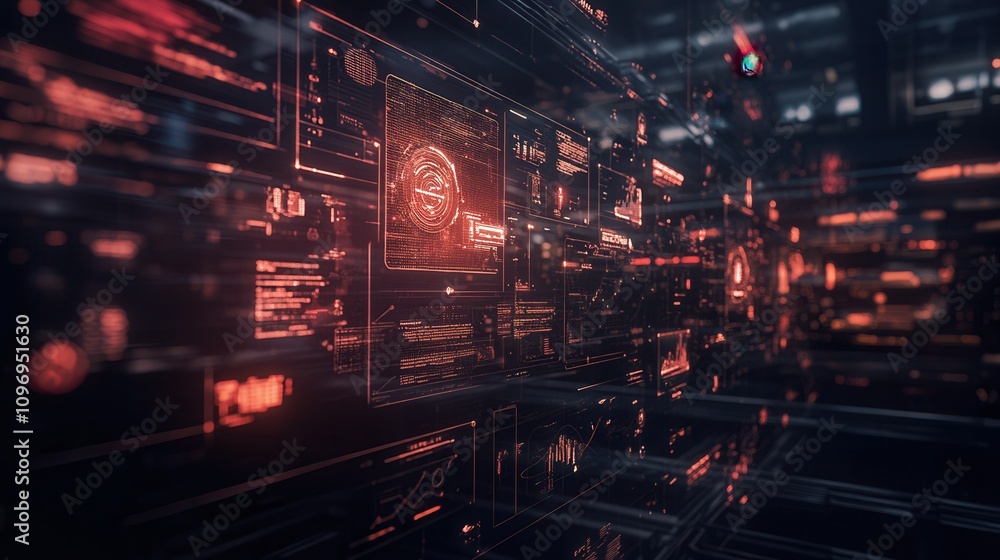 Poster A futuristic digital interface with glowing data patterns and intricate details, creating an immersive cybernetic landscape.