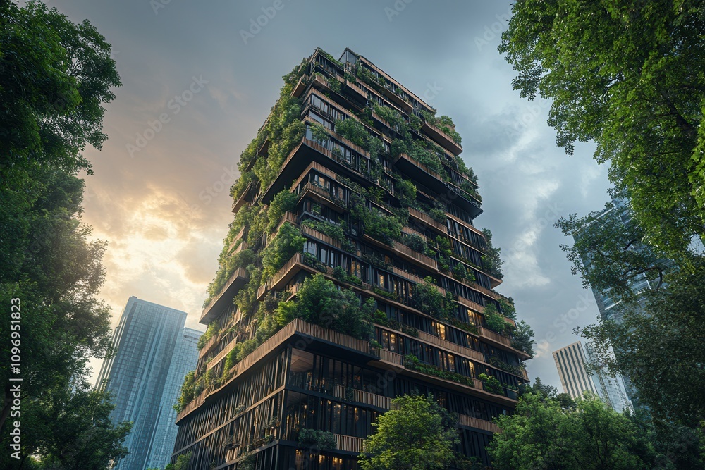 Poster a modern high-rise building adorned with lush greenery, blending nature and architecture against a c