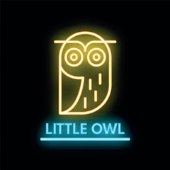 Stylized simple neon little owl icon glowing on dark background