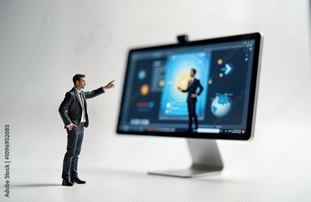 Poster miniature businessman interacts with large computer screen showing digital presentation. businessman