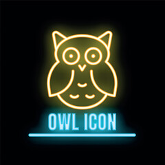 Glowing neon line icon of an owl bird with big eyes, isolated on a black background
