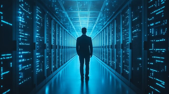 A lone figure walks through a futuristic server room