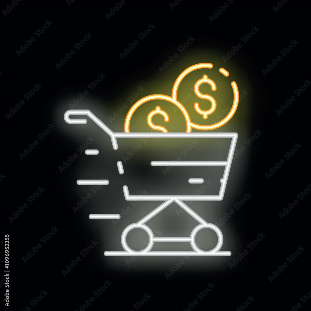 Poster neon sign style icon of a shopping cart running with dollar coins inside, representing fast transact