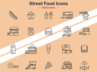Icons illustrating street food and culinary themes in vector style
