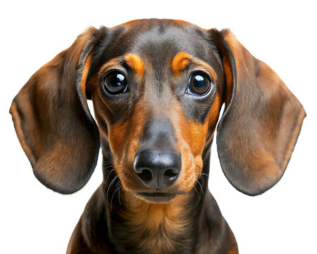 A long-eared dachshund with expressive brown eyes. Smooth brown-black fur shines in the light. Close-up of the face, no background.