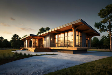 The modern style creates a calm outdoor living area by combining wood and stone. 