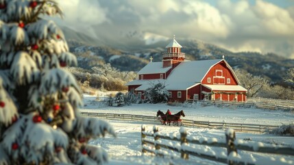 Snowy Christmas scene with red barn, horse-drawn sleigh, and decorated tree.
