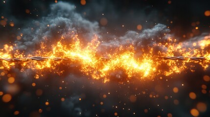 Fototapeta premium Burning Wire: A fiery digital art depicting a wire engulfed in flames, smoke and sparks, symbolizing destruction, tension, or breaking point.