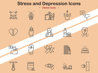 Icons representing stress and depression themes in vector style