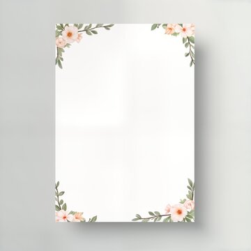 Blank funeral flyer mockup features peach flowers. Floral corners frame white paper. Soft shadows on grey background. Perfect template design. Print ready. Customizable. Funeral home needs.