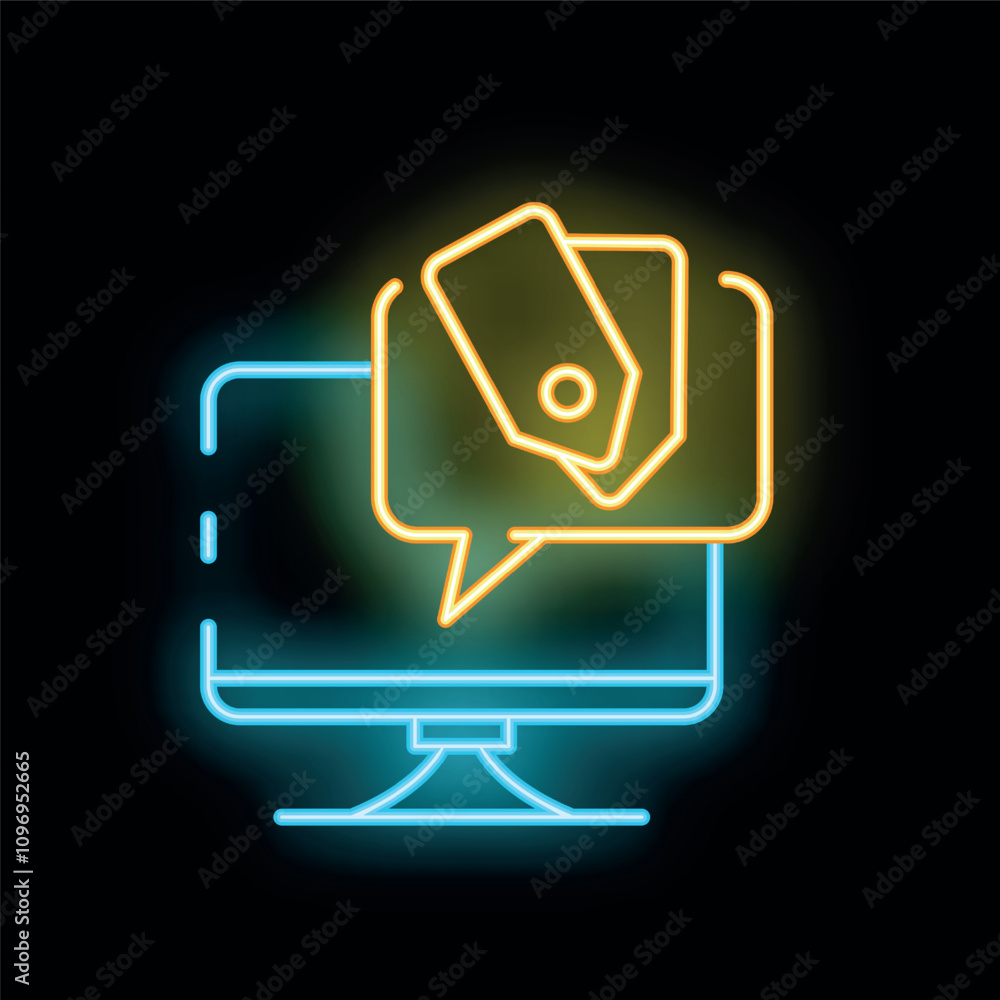 Fototapete Neon icon of a computer displaying a chat bubble containing price tags, representing online shopping and deals