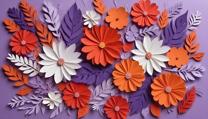 Fototapeta premium Hojas Secas y Flores Una composición desde arriba con hojas secas de colores otoñales (naranjas, rojas y marrones) y flores delicadas como lavanda o margaritas blancas, dispersas sobre un fondo neut