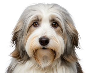 Tibetan Terrier with grey and white fur and deep eyes. His shaggy face looks soft and fluffy. Close-up shot, no background.