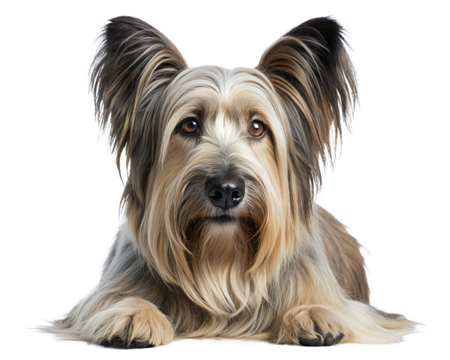 A Skye Terrier with strikingly erect ears and long, thick, cream-colored fur. Lying on the ground, his expressive gaze directed at the camera.