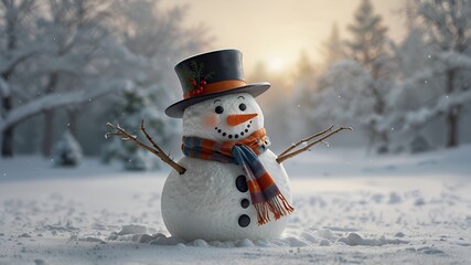 A cheerful snowman with a carrot nose, scarf, and top hat, positioned on the left