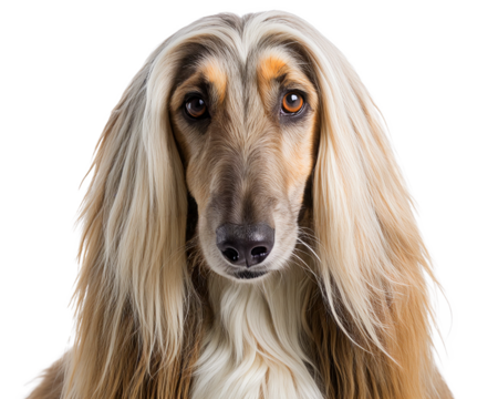 Afghan Hound with long, silky golden-white fur. Gaze is stern and refined, focus on the elegant face.