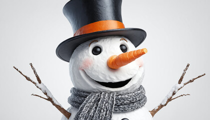 A cheerful snowman with a carrot nose, scarf, and top hat, positioned on the left
