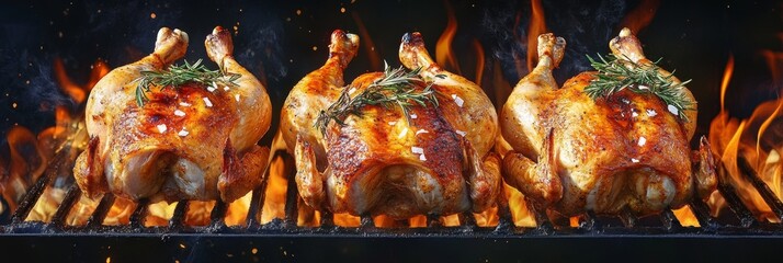 Three Roasted Cornish Hens Grilling on a Hot Barbeque - Delicious roasted Cornish hens grilling over open flames, seasoned with herbs and spices.  Perfect for a summer barbecue, family gathering, or s