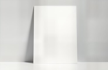 Blank white flyer mockup stands upright. Minimalist gray background. Clean design. Funeral announcement template. Empty space for text. Simple graphic. Modern marketing material. Perfect for print.