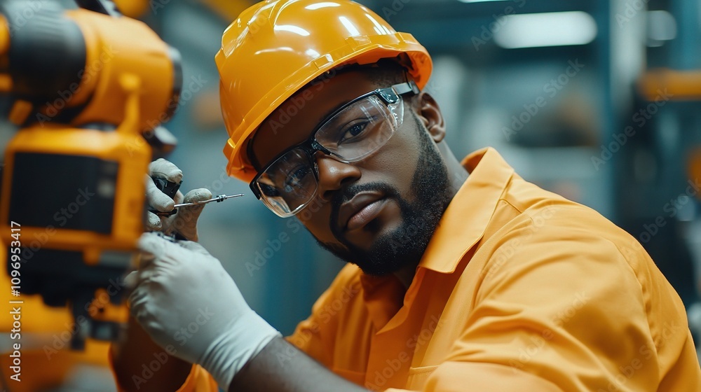 Poster engineer in orange hardhat working with precision tools