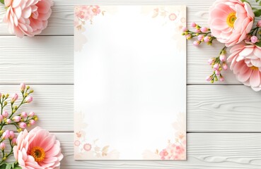 Blank funeral flyer mockup. Floral border design. Soft watercolor flowers. Light wood background. Elegant template. Funeral announcement. Memorial service. Obituary card. Print design. Funeral program