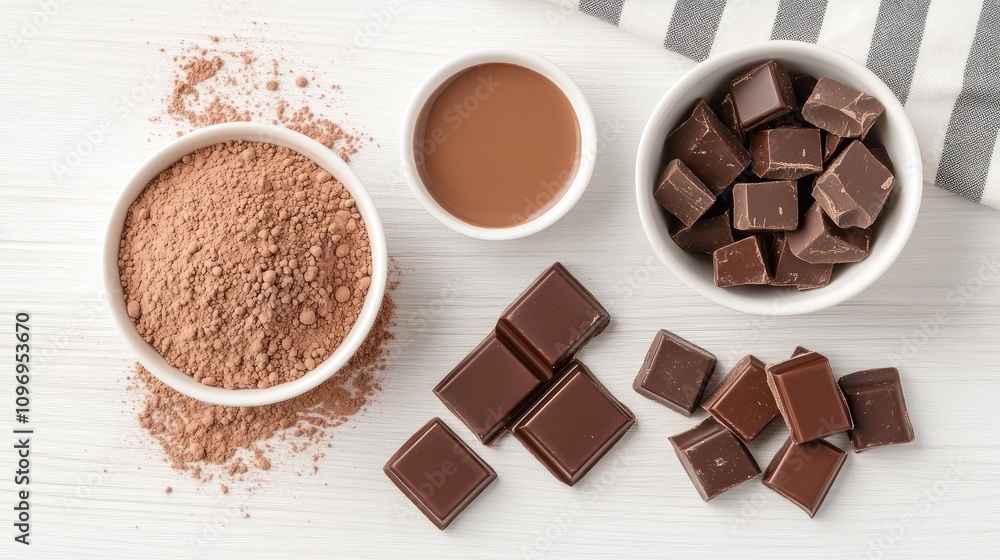 Poster cacao chunks and chocolate pieces on a rustic wooden table with playful elements and rich textures c