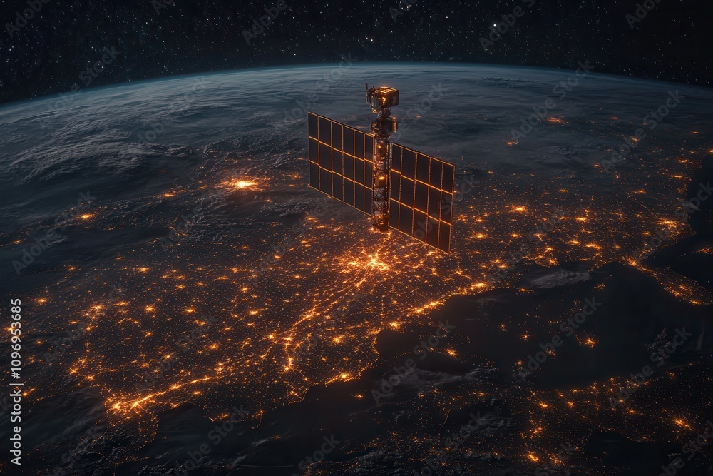 Poster a satellite orbits earth, capturing a view of illuminated cities against the dark backdrop of space,