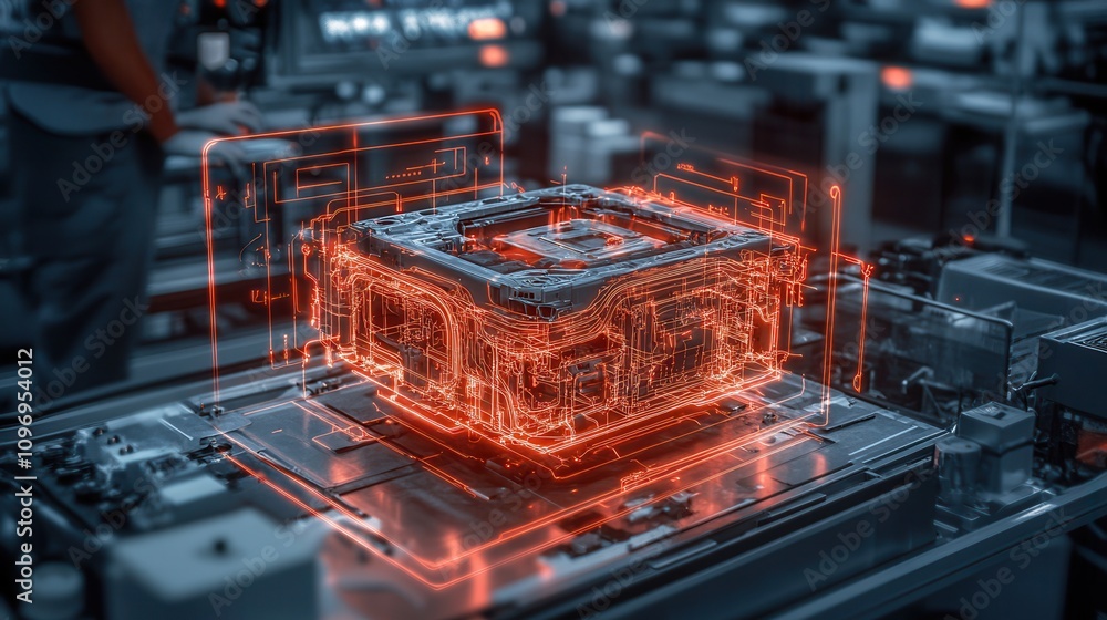 Poster The image depicts a futuristic microprocessor design illuminated with glowing circuitry, set in a high-tech manufacturing environment.