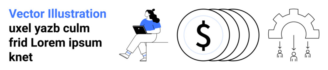 Woman working on laptop, stack of coins with dollar sign, and gear with connected nodes. Ideal for team collaboration, financial management, remote work, business strategies, efficiency, technology