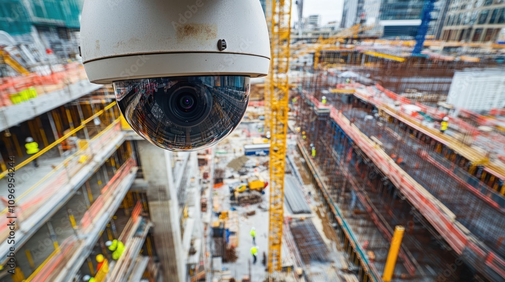 Poster a construction site with a security camera monitoring ongoing building activities.