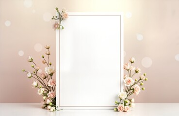 Blank funeral flyer mockup. Elegant design. Soft floral pattern frame. Light texture background. Vertical orientation. Perfect for memorial service announcement. Suitable for print marketing. Funeral