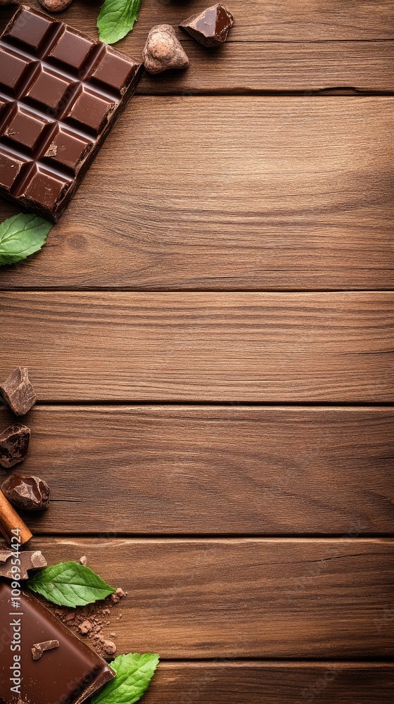 Poster Indulgent dark chocolate chunks and cocoa powder create a rich backdrop on a rustic wooden table