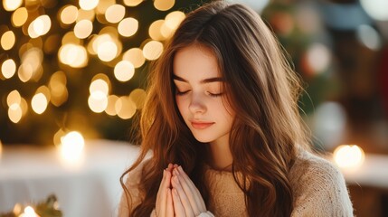 Pretty woman pray on a christmas day in the church