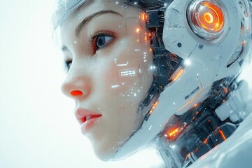 an illustration of an artificial intelligence figure depicted against a stark white background, showcasing futuristic attributes and elements of technology, symbolizing innovation and advancement
