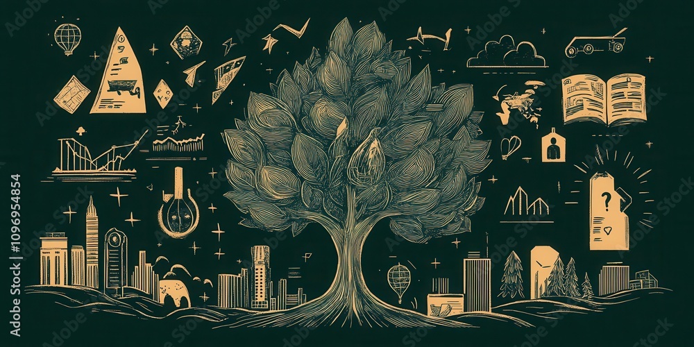 Poster a stylized tree is surrounded by various icons representing knowledge, science, exploration, and cre