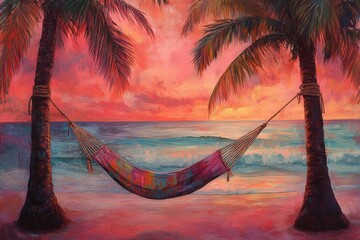 Fototapeta premium A serene beach scene featuring a colorful hammock between palm trees at sunset.